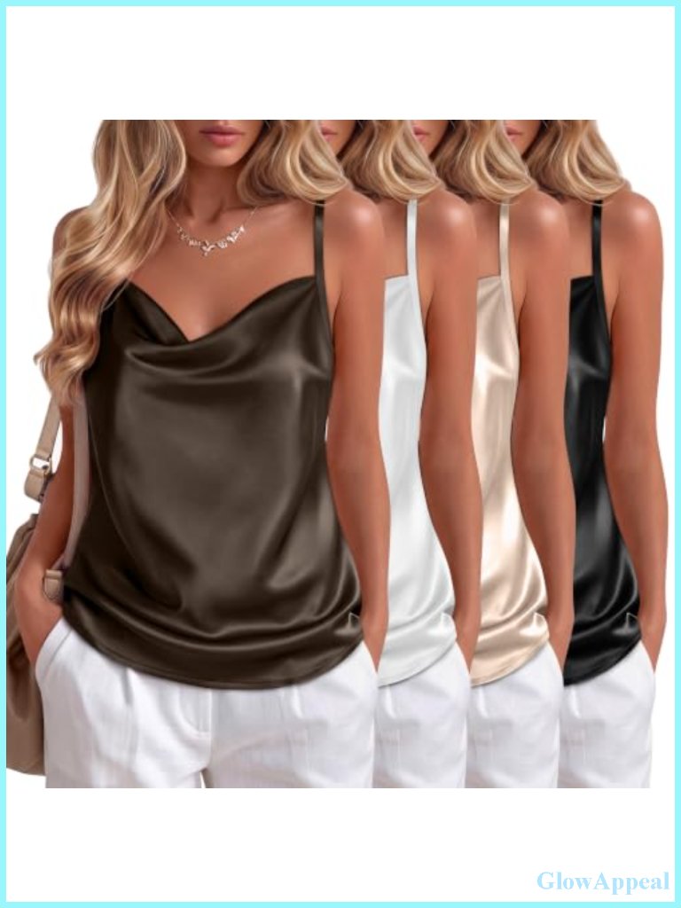 4 Pack Silk-Like Tank Tops Cowl Neck Spaghetti Strap Camisole